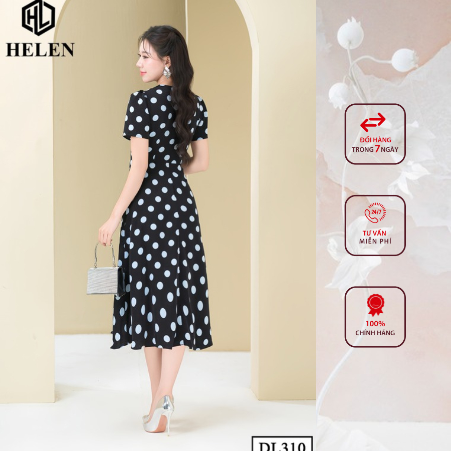 Đầm công sở HELEN thiết kế dáng xòe đen chấm bi to cổ V thắt nơ eo DL310