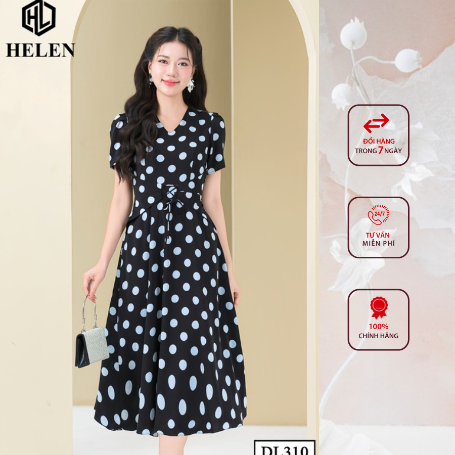 Đầm công sở HELEN thiết kế dáng xòe đen chấm bi to cổ V thắt nơ eo DL310