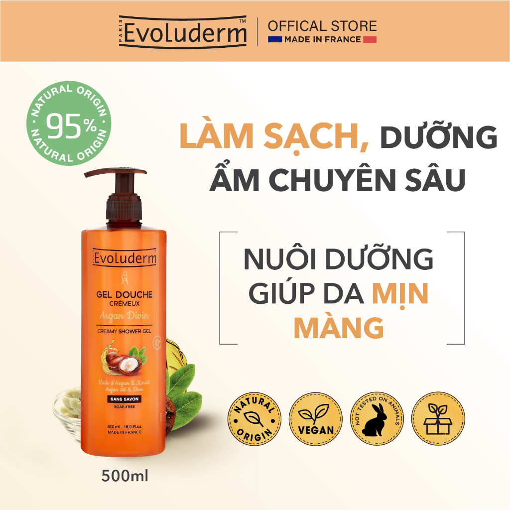Gel Tắm Dưỡng Da Tinh Dầu Argan Evoluderm Gel Douche Crémeux Argan Divin 500ml