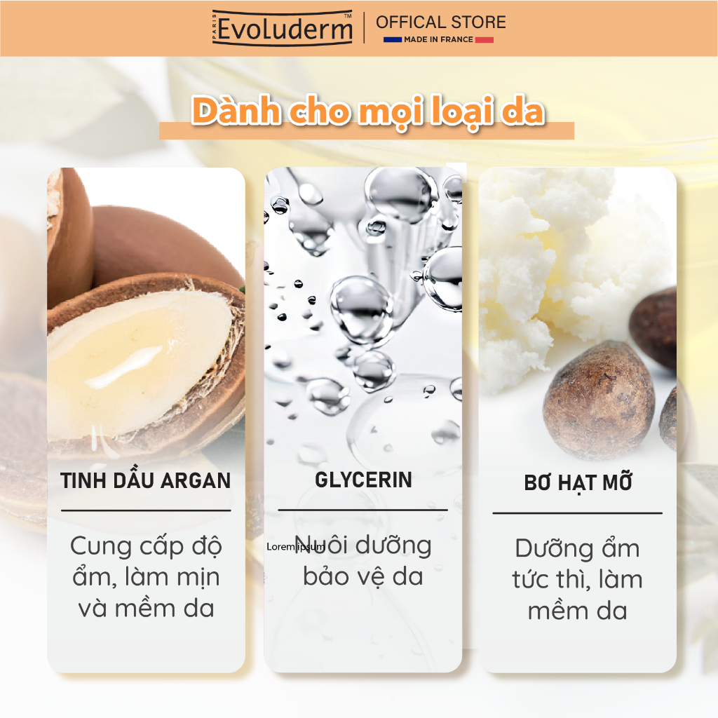 Gel Tắm Dưỡng Da Tinh Dầu Argan Evoluderm Gel Douche Crémeux Argan Divin 500ml
