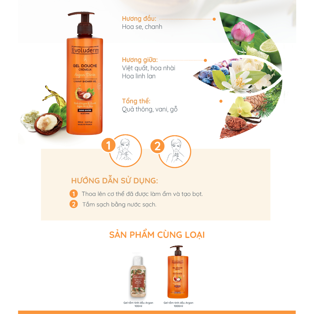 Gel Tắm Dưỡng Da Tinh Dầu Argan Evoluderm Gel Douche Crémeux Argan Divin 500ml
