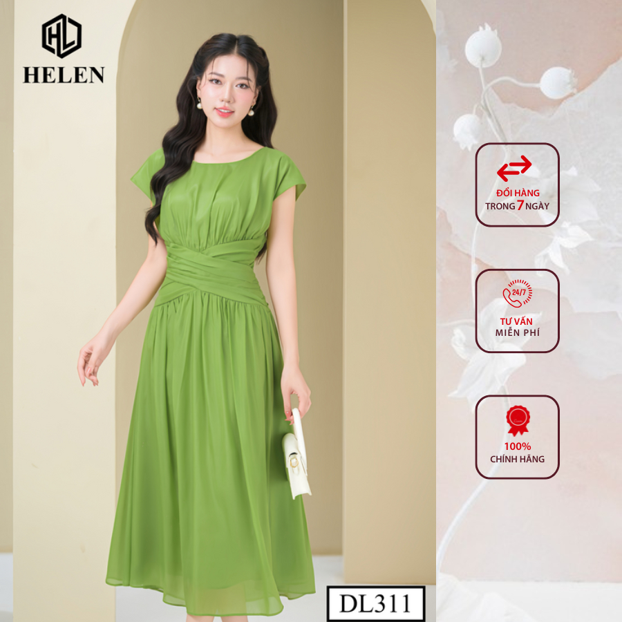 Đầm công sở HELEN thiết kế dáng xòe maxi tơ xanh xếp eo vai chờm DL311