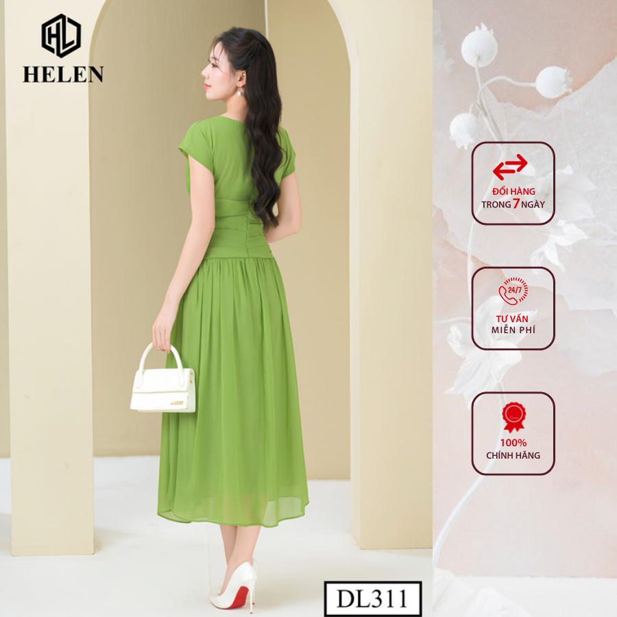 Đầm công sở HELEN thiết kế dáng xòe maxi tơ xanh xếp eo vai chờm DL311