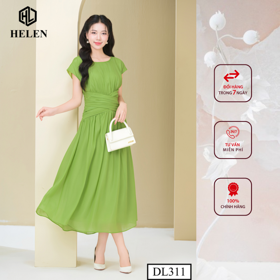 Đầm công sở HELEN thiết kế dáng xòe maxi tơ xanh xếp eo vai chờm DL311
