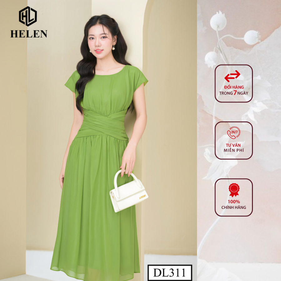 Đầm công sở HELEN thiết kế dáng xòe maxi tơ xanh xếp eo vai chờm DL311