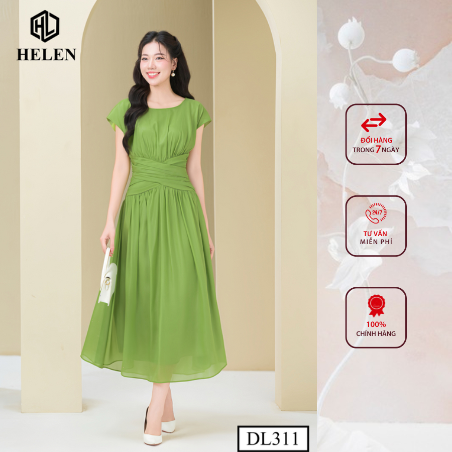 Đầm công sở HELEN thiết kế dáng xòe maxi tơ xanh xếp eo vai chờm DL311