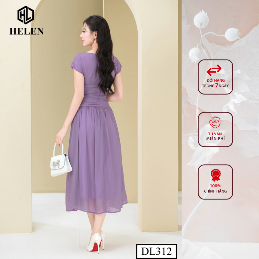 Đầm công sở HELEN thiết kế dáng xòe maxi tơ tím xếp eo vai chờm DL312