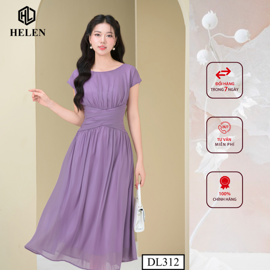 Đầm công sở HELEN thiết kế dáng xòe maxi tơ tím xếp eo vai chờm DL312