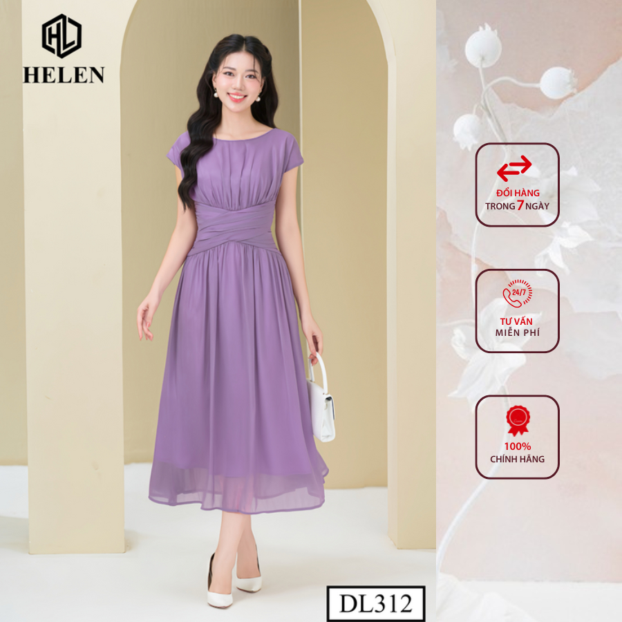 Đầm công sở HELEN thiết kế dáng xòe maxi tơ tím xếp eo vai chờm DL312
