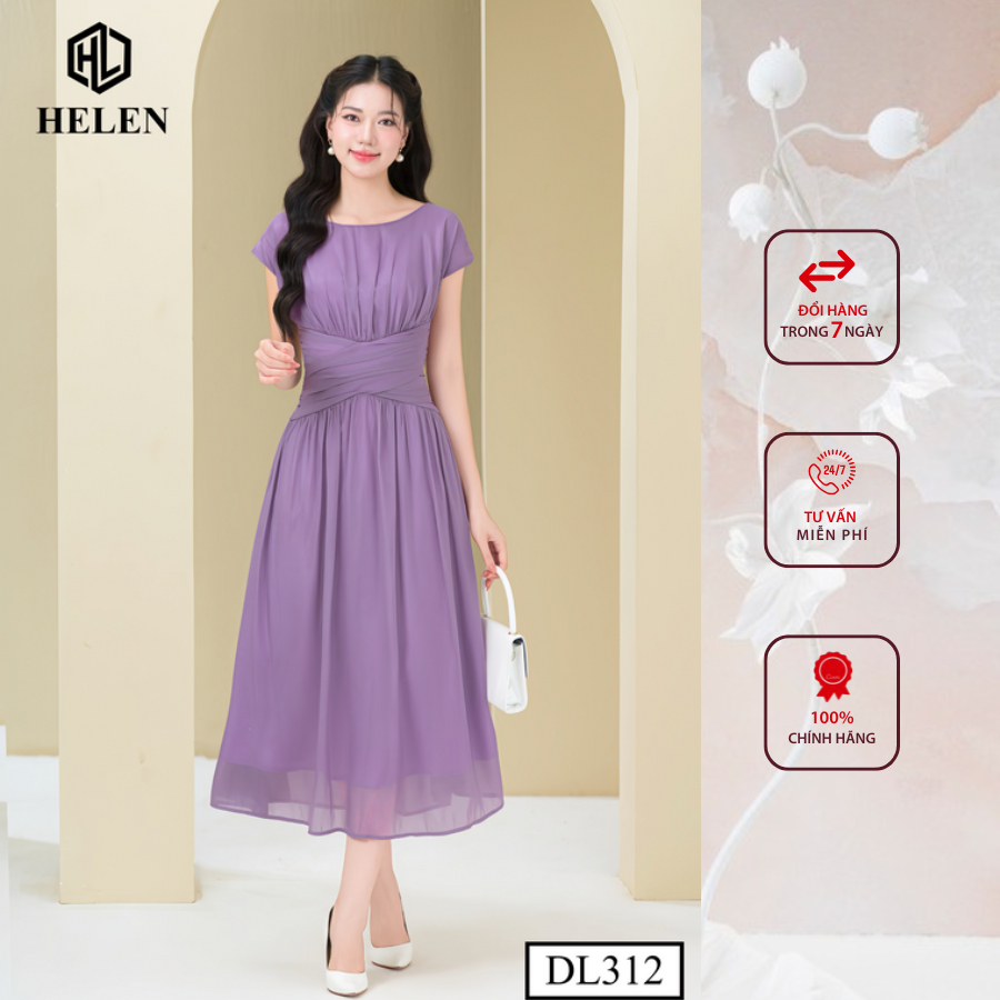 Đầm công sở HELEN thiết kế dáng xòe maxi tơ tím xếp eo vai chờm DL312