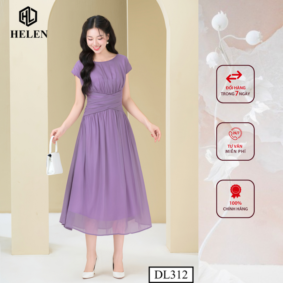 Đầm công sở HELEN thiết kế dáng xòe maxi tơ tím xếp eo vai chờm DL312