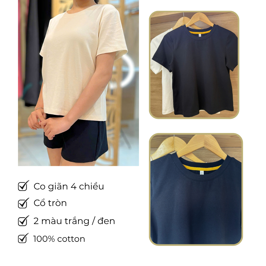 LUMI - Áo thun nữ tay ngắn vải cotton co giãn 4 chiều, áo phông thời trang đi chơi màu trắng/ đen