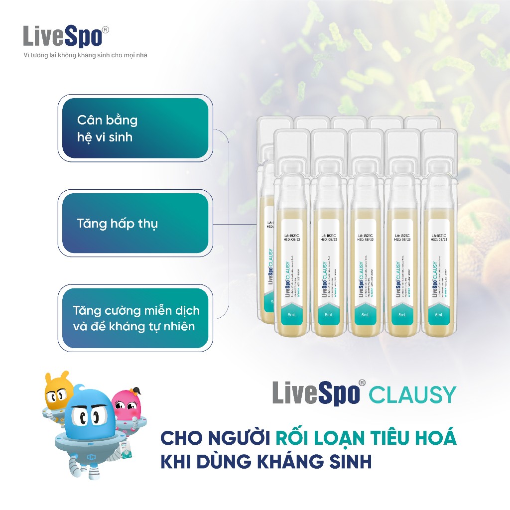 Combo Men vi sinh LiveSpo Clausy - Giảm rối loạn tiêu hóa cho người uống kháng sinh hộp 10 ống x 5ml