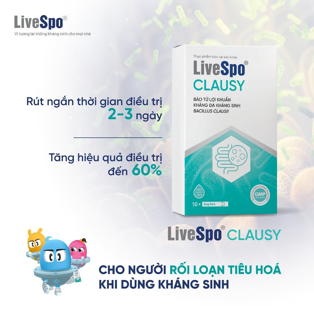 Combo Men vi sinh LiveSpo Clausy - Giảm rối loạn tiêu hóa cho người uống kháng sinh hộp 10 ống x 5ml