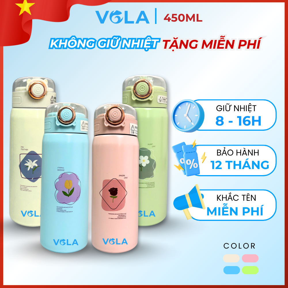 Bình giữ nhiệt VOLA 450ml Inox 304 cao cấp, Bình giữ nhiệt dễ thương có khắc tên và ống hút sẵn