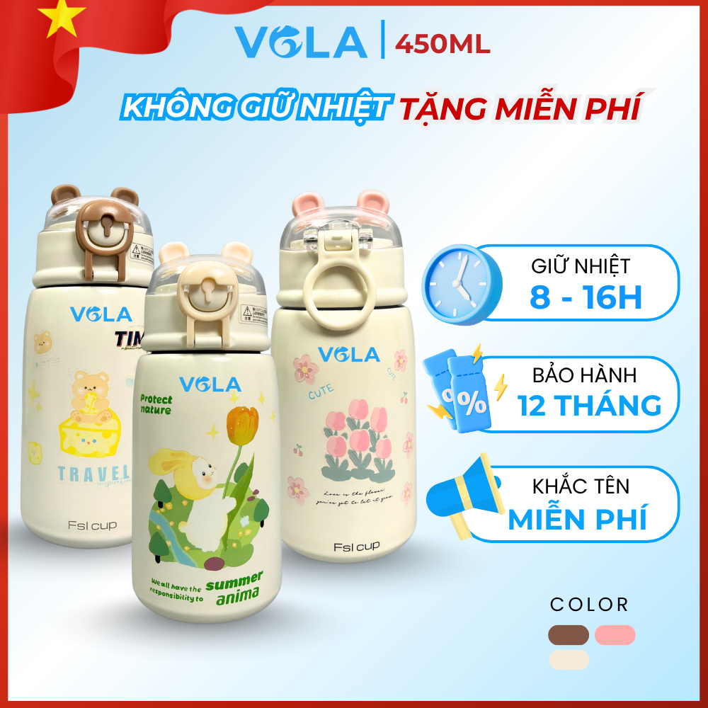 Bình Giữ Nhiệt VOLA 450ml Inox 304 cao cấp, Bình giữ nhiệt dễ thương có khắc tên theo yêu cầu