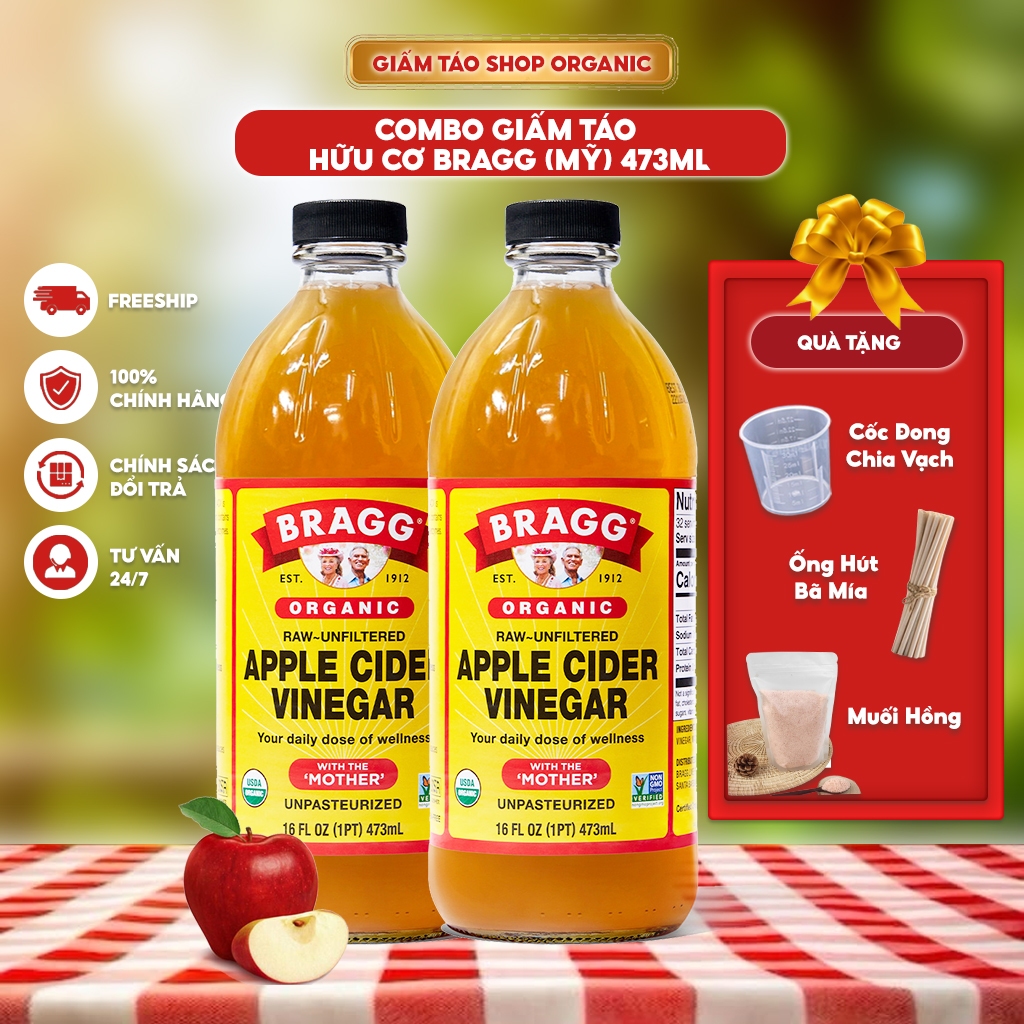 Giấm Táo Bragg (Mỹ) - Giấm Mẹ Tự Nhiên, Hỗ Trợ Sức Khỏe Toàn Diện 473ml