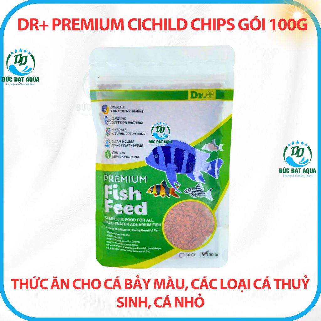 Thức ăn cá bảy màu, các loại cá thuỷ sinh, cá biển gói 100g Dr+ Premium Cichild Chips không đục nước 7