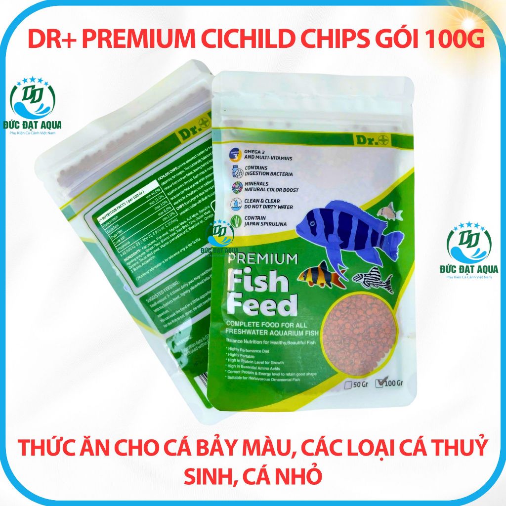 Thức ăn cá bảy màu, các loại cá thuỷ sinh, cá biển gói 100g Dr+ Premium Cichild Chips không đục nước