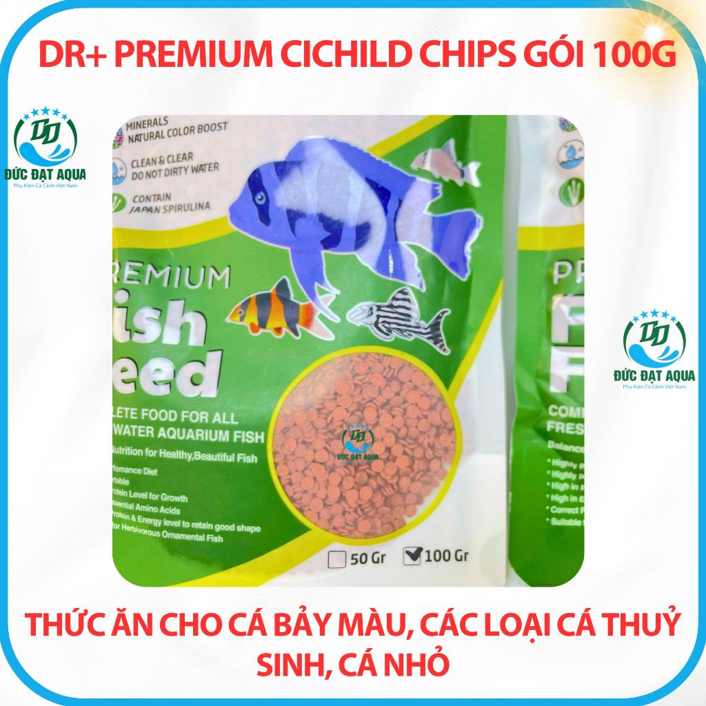 Thức ăn cá bảy màu, các loại cá thuỷ sinh, cá biển gói 100g Dr+ Premium Cichild Chips không đục nước 6