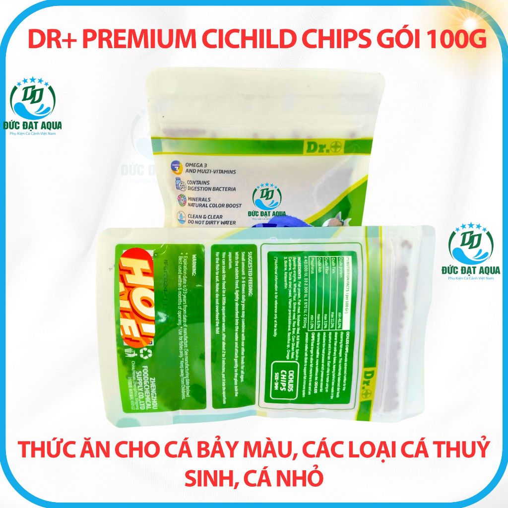 Thức ăn cá bảy màu, các loại cá thuỷ sinh, cá biển gói 100g Dr+ Premium Cichild Chips không đục nước 5