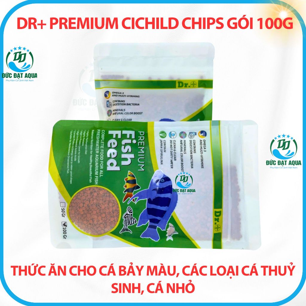 Thức ăn cá bảy màu, các loại cá thuỷ sinh, cá biển gói 100g Dr+ Premium Cichild Chips không đục nước 3