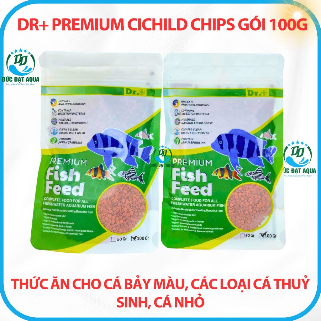 Thức ăn cá bảy màu, các loại cá thuỷ sinh, cá biển gói 100g Dr+ Premium Cichild Chips không đục nước 2