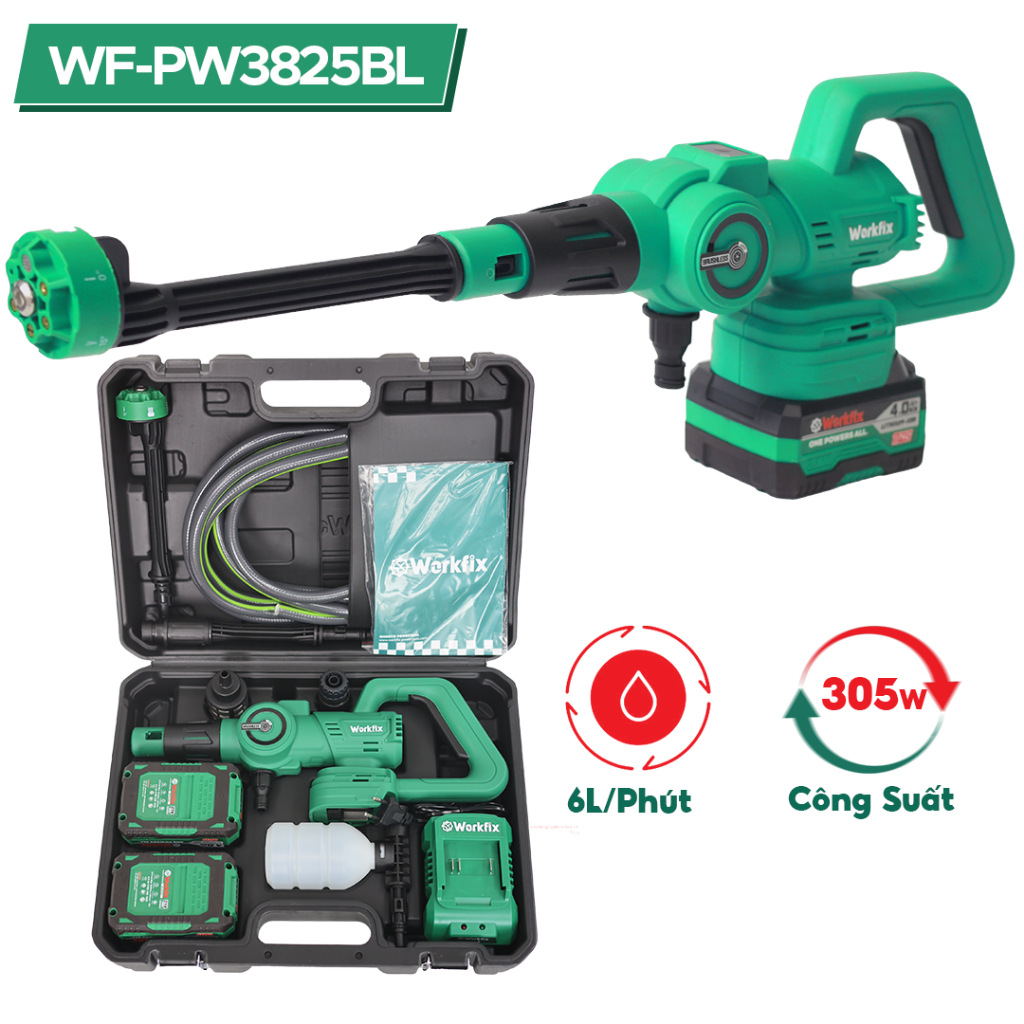 [CHÍNH HÃNG] Máy Rửa Xe Cao Áp Workfix WF-PW3825BL 305W, 6 Chế Độ, 3 Tốc Độ, Không Chổi Than Chính Hãng