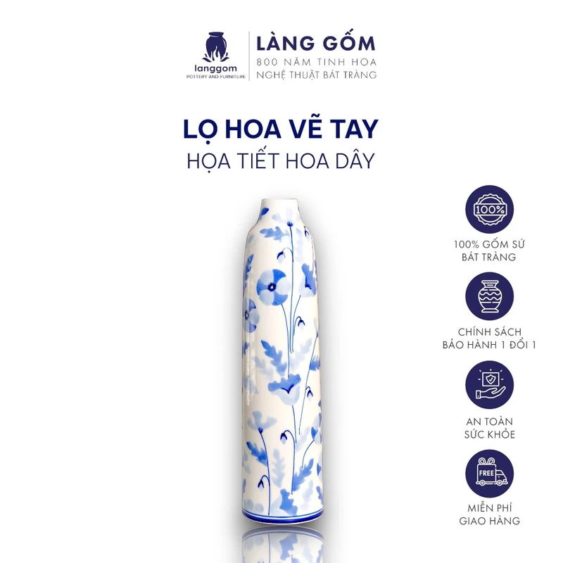Lọ hoa vẽ tay men lam họa tiết hoa dây dáng trụ cao, dùng để trưng bày, trang trí phòng khách - Gốm sứ Bát Tràng cao cấp — ảnh 1
