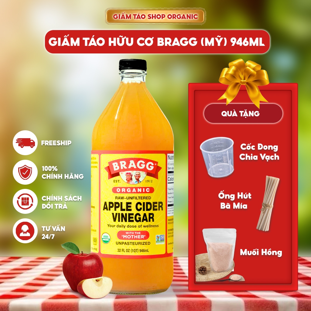 Giấm Táo Bragg (Mỹ) - Giấm Mẹ Tự Nhiên, Hỗ Trợ Sức Khỏe Toàn Diện 946ml