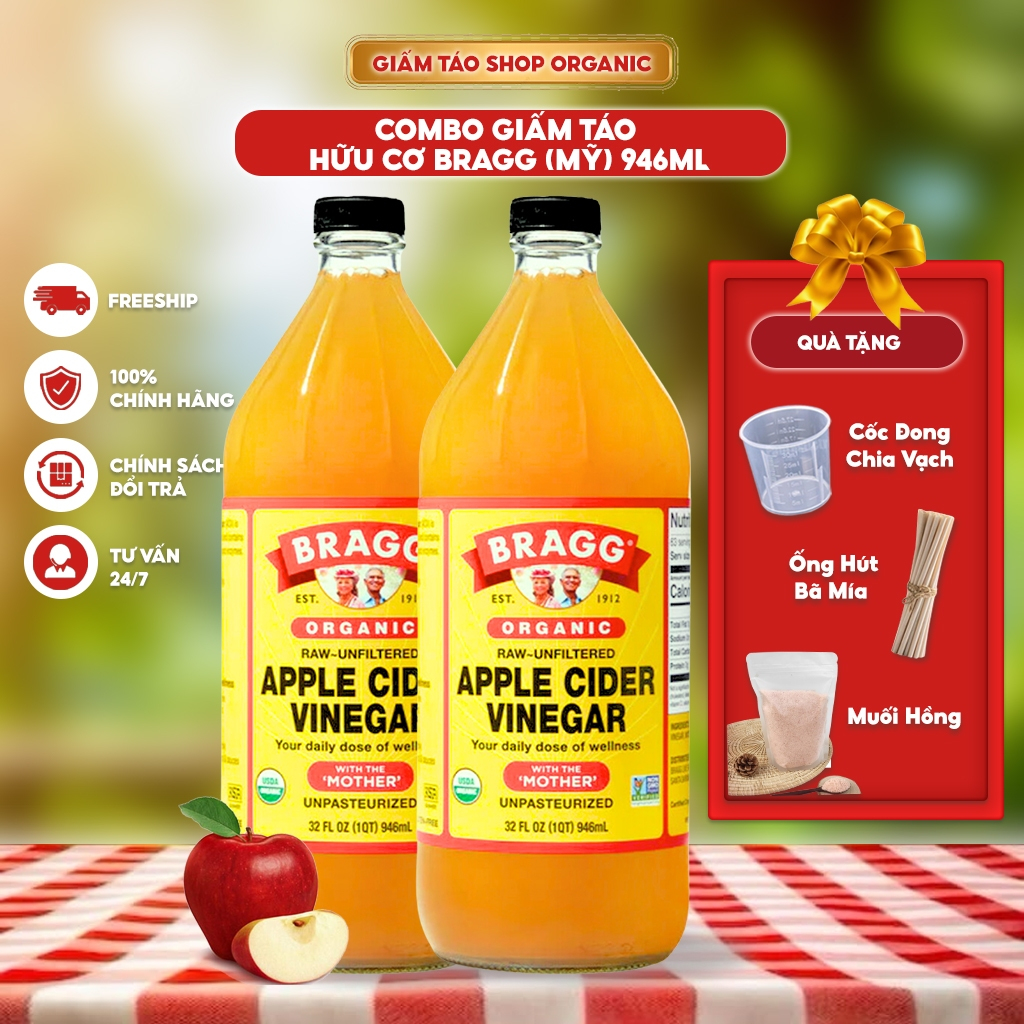 Giấm Táo Bragg (Mỹ) - Giấm Mẹ Tự Nhiên, Hỗ Trợ Sức Khỏe Toàn Diện 946ml