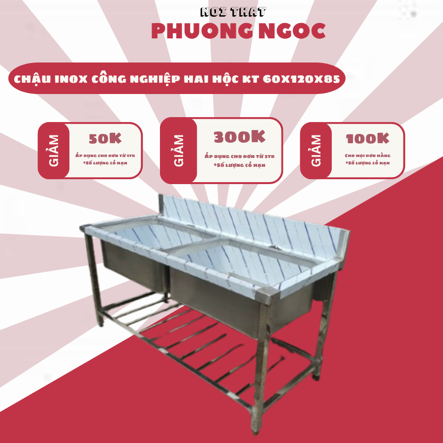 CHậu Rủa iINOX công nghiệp  hai hộc (nhận đặt hàng theo yêu cầu)