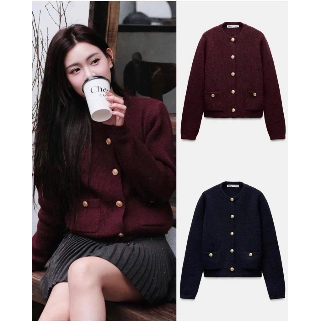[Sẵn Hàng] (Hàng sẵn) Áo len ZA SHOP khuy đồng 2 màu đen/đỏ đô siêu Hàng Chuẩn Xịn