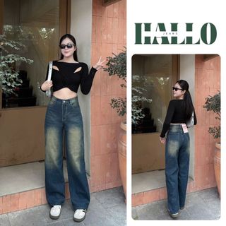 HALLO JEANS - Quần bò suông nữ lưng cao phủ bụi vàng ống rộng 24cm chất jean mềm mịn M008