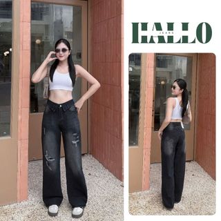 HALLO JEANS - Quần bò nữ ống suông đen rách gối cạp cao vừa chất jean dày dặn tôn dáng M004