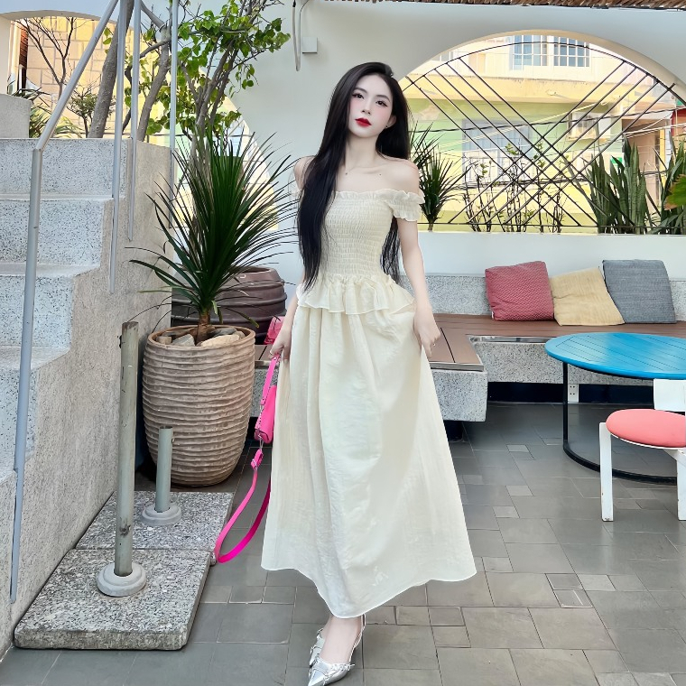 Set Váy Maxi, Đầm Trễ Vai Viền Bèo Dáng Dài Đi Biển, Du Lịch – Chất Tơ Nhăn Tiểu Thư, Dáng Dài Nhiều Tầng Tôn Dáng