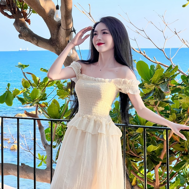Set Váy Maxi, Đầm Trễ Vai Viền Bèo Dáng Dài Đi Biển, Du Lịch – Chất Tơ Nhăn Tiểu Thư, Dáng Dài Nhiều Tầng Tôn Dáng
