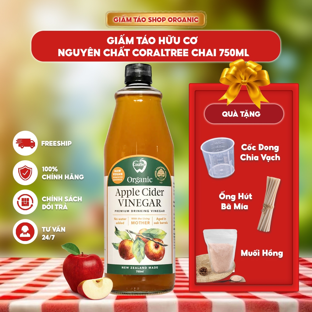 Giấm Táo CoralTree Hữu Cơ 750ml – GiấmTáo Cao Cấp Từ New Zealand, Thơm Dịu, Chua Nhẹ