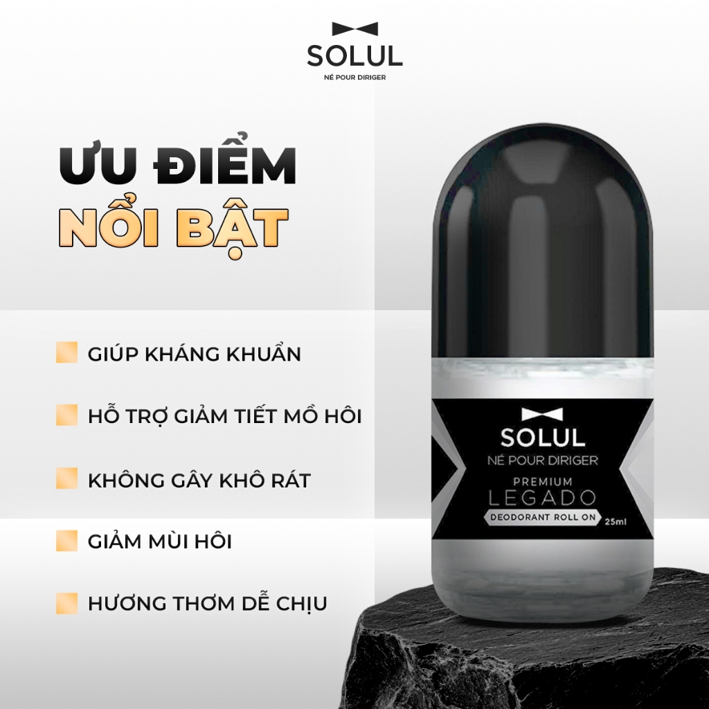 Lăn Khử Mùi Nam SOLUL 50ml dưỡng ẩm kiểm soát mồ hôi, Không Ô Vàng Áo,Hương Thơm Lịch Lãm