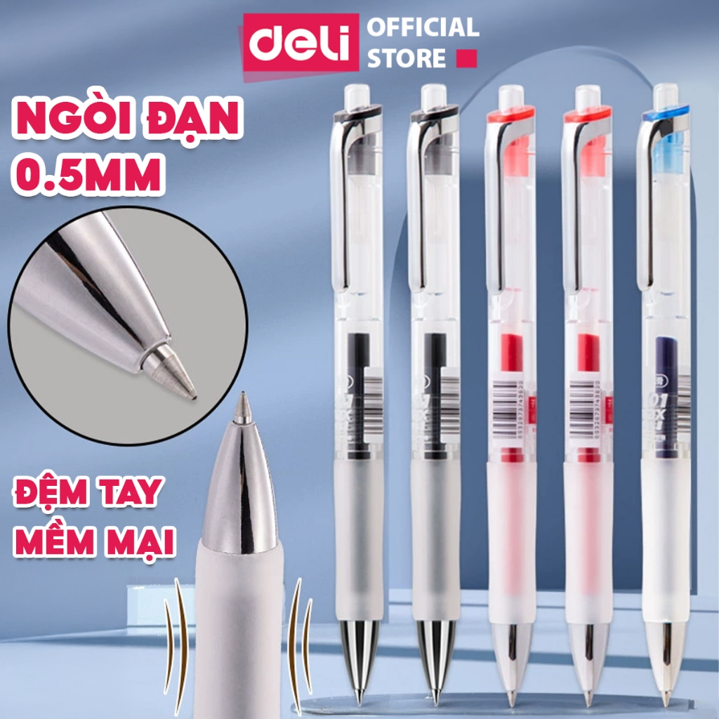 Bút Gel 0.5mm Deli Mực Xanh Đỏ Đen Đệm Tay Êm Thiết Kế Hiện Đại Nét Viết Trơn Tru Học Sinh Văn Phòng