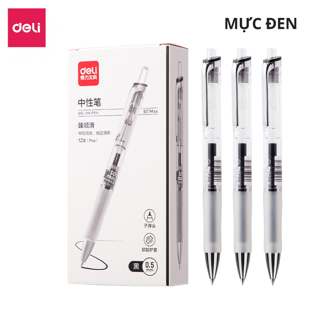 Bút Gel 0.5mm Deli Mực Xanh Đỏ Đen Đệm Tay Êm Thiết Kế Hiện Đại Nét Viết Trơn Tru Học Sinh Văn Phòng