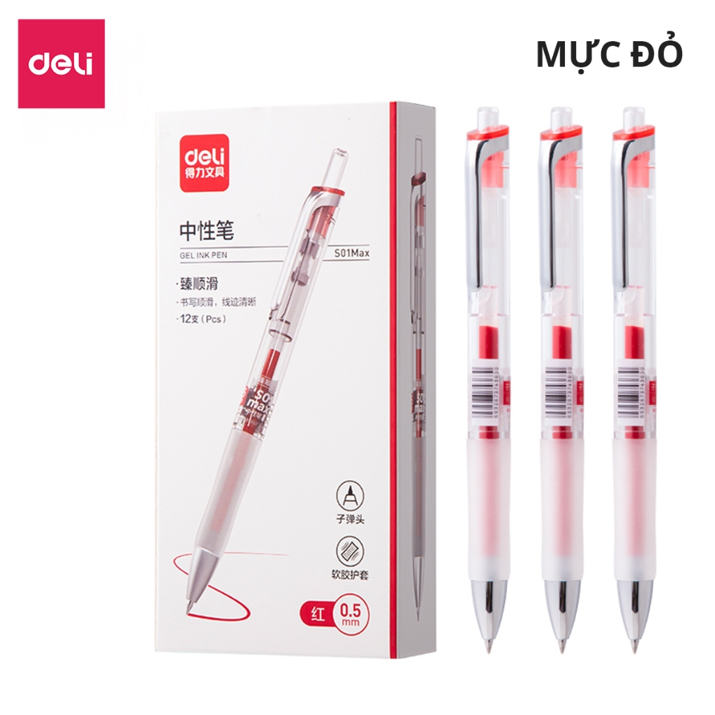 Bút Gel 0.5mm Deli Mực Xanh Đỏ Đen Đệm Tay Êm Thiết Kế Hiện Đại Nét Viết Trơn Tru Học Sinh Văn Phòng