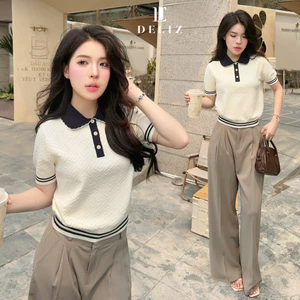 Áo len nữ cổ sen polo phối cúc dệt vân nổi dáng trơn basic len lông thỏ PL30 DELIZ