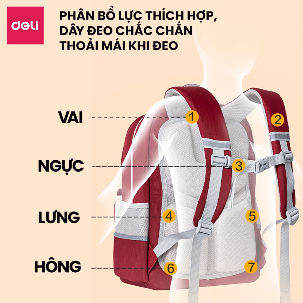Balo Chống Gù Cao Cấp Deli - Cặp Chống Gù Siêu Nhẹ Chống Thấm Nước Dệm Êm Thoải Mái Với Thiết Kế Hiện Đại Cho Học Sinh