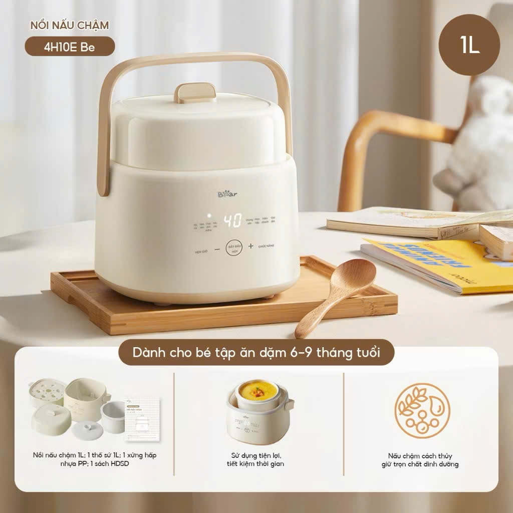 Nồi nấu cháo chậm Bear SC-4H10E màu kem 1lit
