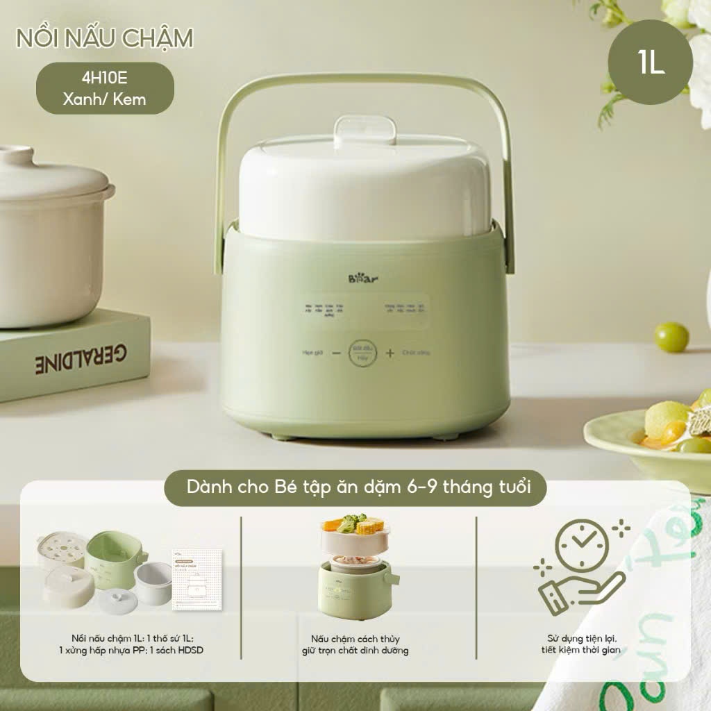Nồi nấu cháo chậm Bear SC-4H10E màu kem 1lit