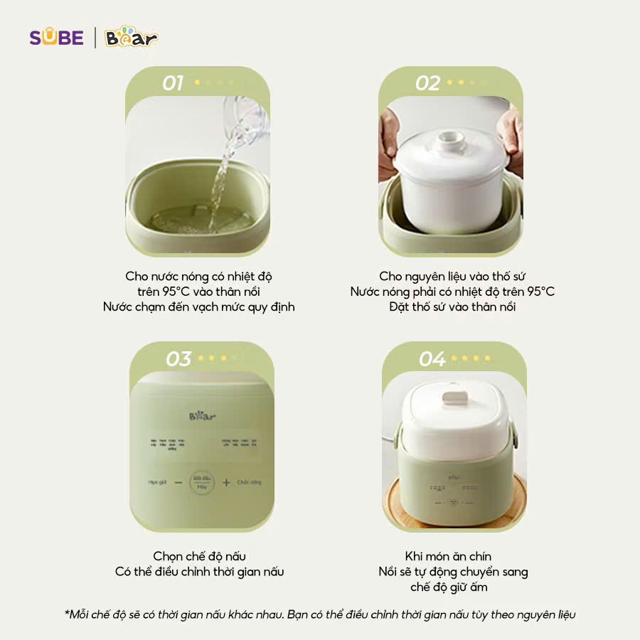 Nồi nấu cháo chậm Bear SC-4H10E màu kem 1lit