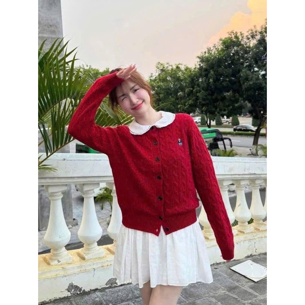 New 2026 Áo Len Cardigan Nữ Màu Đỏ Dài Tay Cài Cúc Form Basic Dệt Tăm, Thời Trang Thu Đông Kèm Ảnh Thật