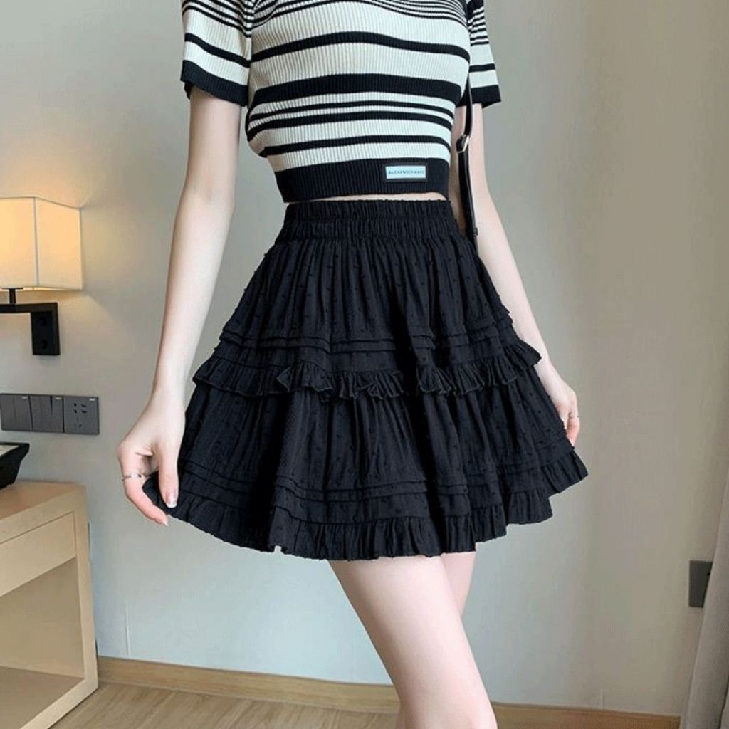 TudoQuinzy Chân váy ren xếp tầng dáng ngắn, chân váy xòe 2 lớp viền ren midi kiểu Hàn Quốc