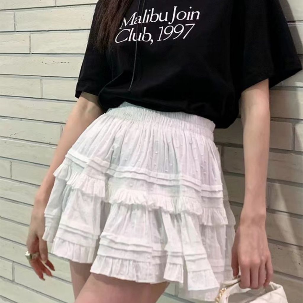 TudoQuinzy Chân váy ren xếp tầng dáng ngắn, chân váy xòe 2 lớp viền ren midi kiểu Hàn Quốc